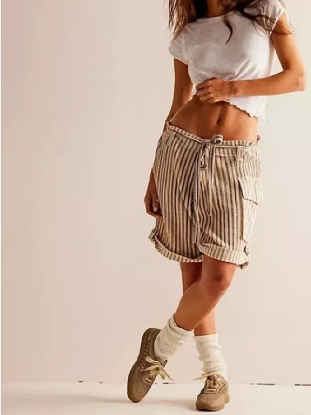 FP One Free People Striped Paperbag Shorts Tan Black Boho Cotton Waffle Small - Picture 6 of 14